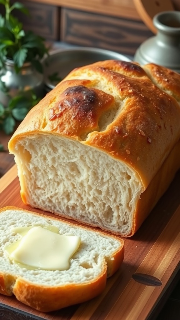 A golden-brown sliced loaf of bread on a wooden board with melting butter, highlighting its fluffy texture.